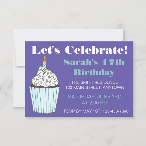 Lets Celebrate Birthday Party Blue Cupcake Cake Invitation