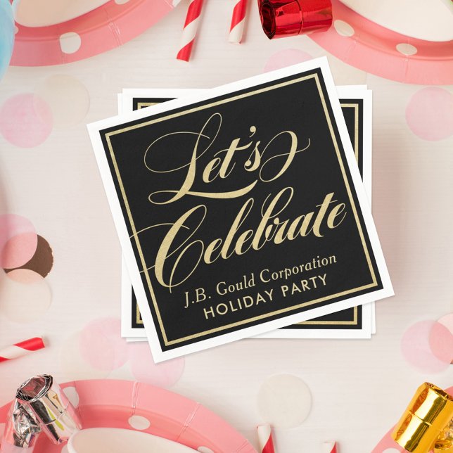 Let's Celebrate Black Gold Script Holiday Party Napkins (Creator Uploaded)