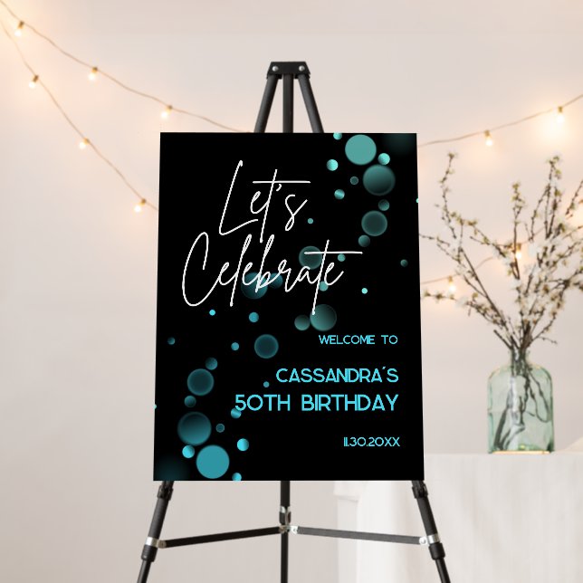 Let's Celebrate Blue Bokeh Gradient Black Birthday Foam Board (In Situ (Stand))