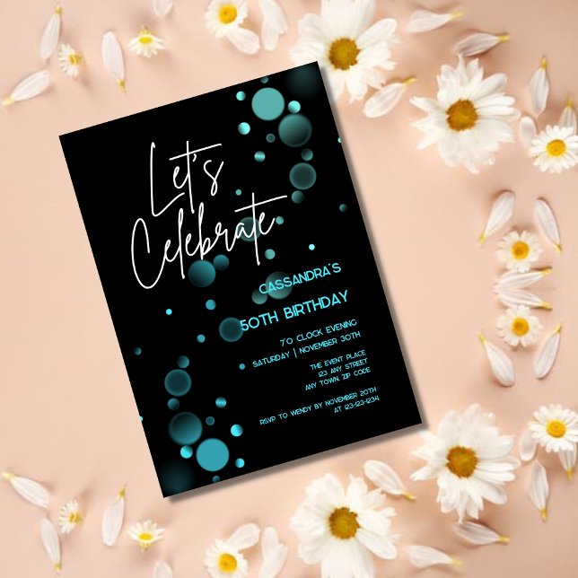 Let's Celebrate Blue Bokeh Gradient Black Birthday Invitation (Creator Uploaded)