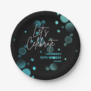 Let's Celebrate Blue Bokeh Gradient Black Birthday Paper Plates