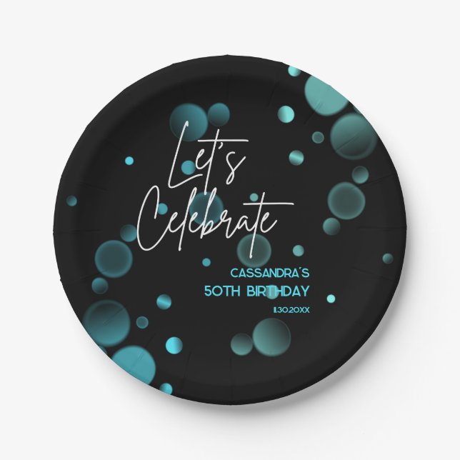 Let's Celebrate Blue Bokeh Gradient Black Birthday Paper Plates (Front)