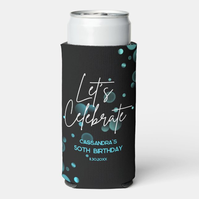 Let's Celebrate Blue Bokeh Gradient Black Birthday Seltzer Can Cooler (Seltzer Back)