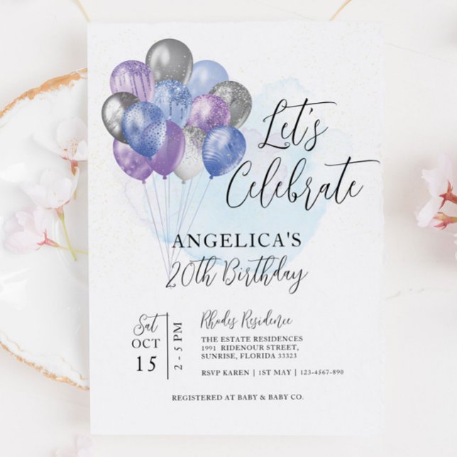 Let's Celebrate Blue Purple Gray Balloons Birthday Invitation (Creator Uploaded)