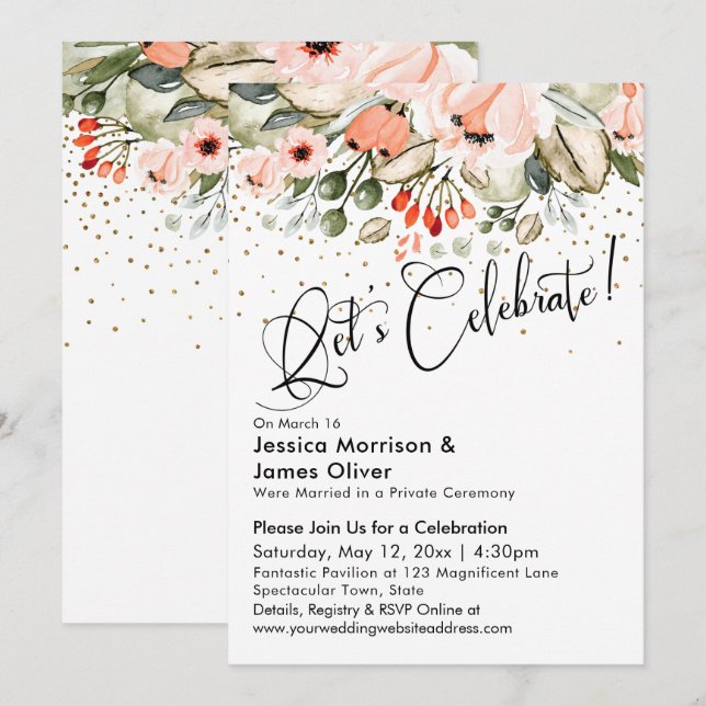 Let's Celebrate! Blush Floral Faux Gold Confetti Invitation (Front/Back)