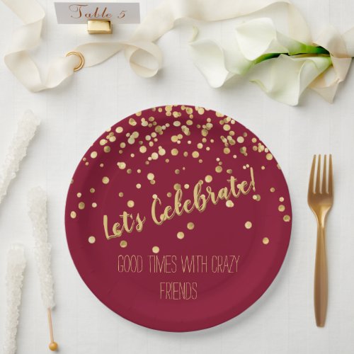 Lets Celebrate Burgundy Gold Confetti Paper Plates