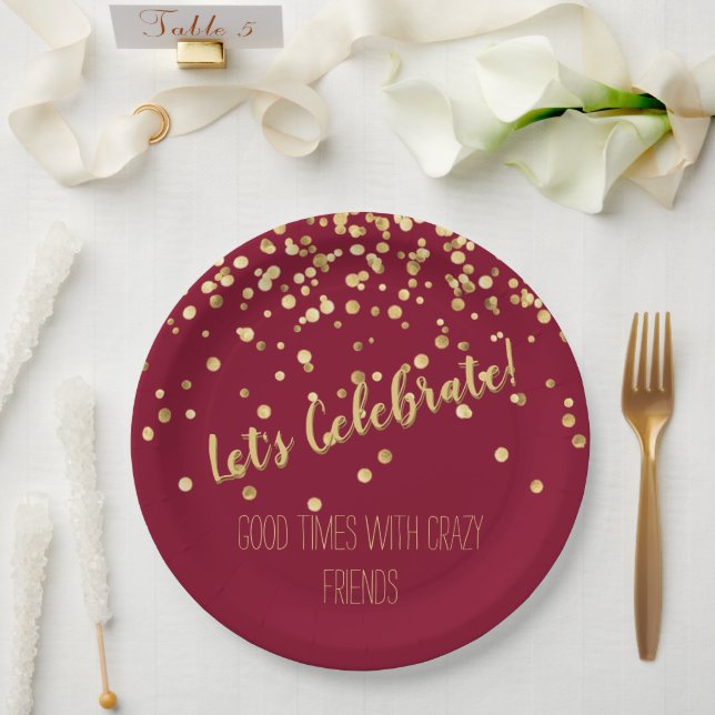 Lets Celebrate Burgundy Gold Confetti Paper Plates (Wedding)
