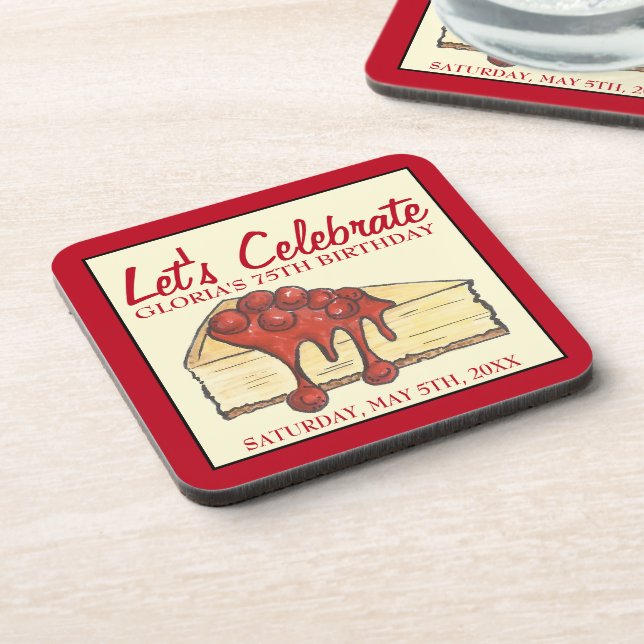 Let's Celebrate Cherry Cheesecake Dessert Birthday Beverage Coaster (Left Side)