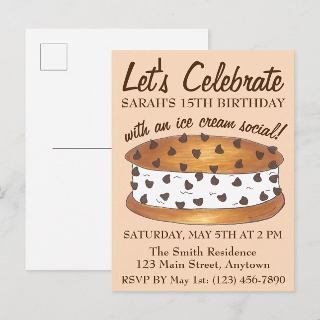 Let's Celebrate Chipwich Ice Cream Social Birthday Invitation Postcard (Front/Back)