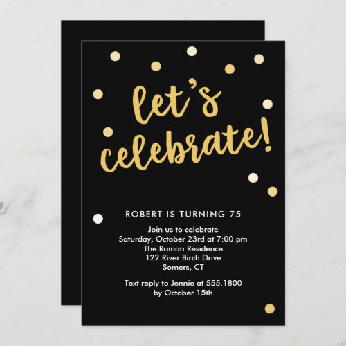 Lets Celebrate Confetti Black and Gold Invitation