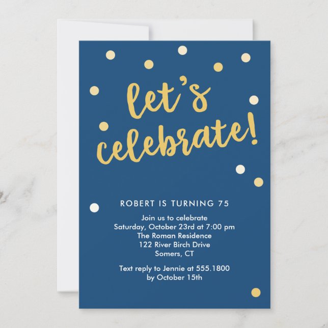Let's Celebrate Confetti Navy and Gold Invitation (Front)