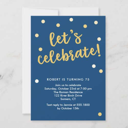 Lets Celebrate Confetti Navy and Gold Invitation