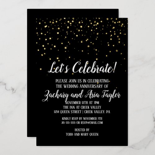 Lets Celebrate Confetti on Black Anniversary Gold Foil Invitation