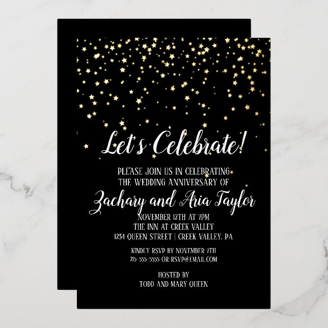 Let's Celebrate Confetti on Black Anniversary Gold Foil Invitation (Front/Back)