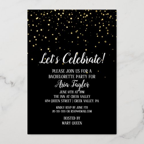 Lets Celebrate Confetti on Black Bachelorette Gold Foil Invitation