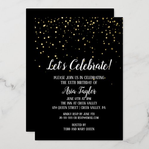 Lets Celebrate Confetti on Black Birthday Gold  Foil Invitation
