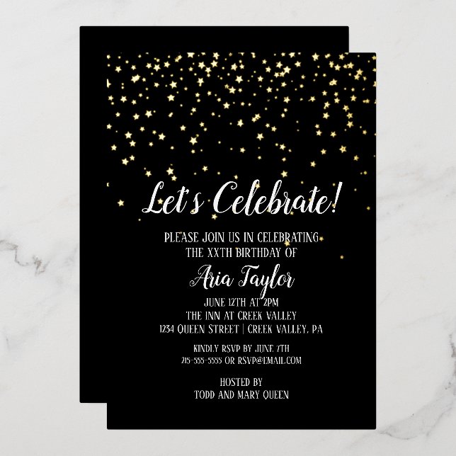Let's Celebrate Confetti on Black Birthday Gold  Foil Invitation (Front/Back)
