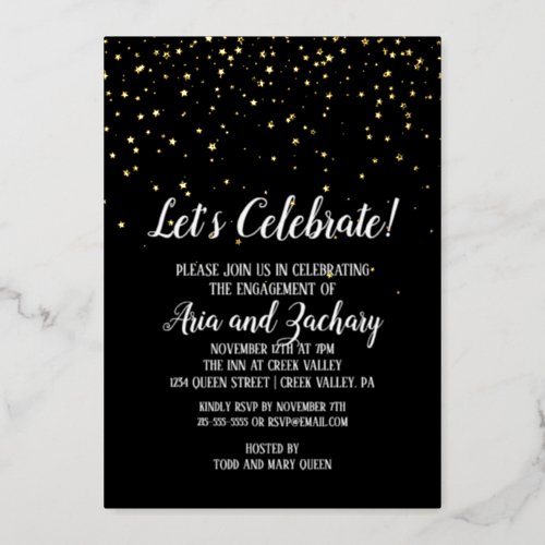 Lets Celebrate Confetti on Black Engagement Gold Foil Invitation