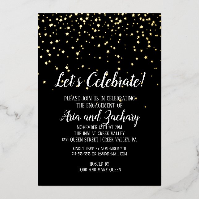 Let's Celebrate Confetti on Black Engagement Gold Foil Invitation (Front)