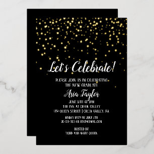 Let's Celebrate Confetti on Black Graduation Gold Foil Invitation