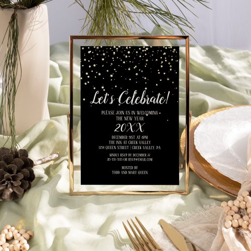 Lets Celebrate Confetti on Black New Years Gold  Foil Invitation