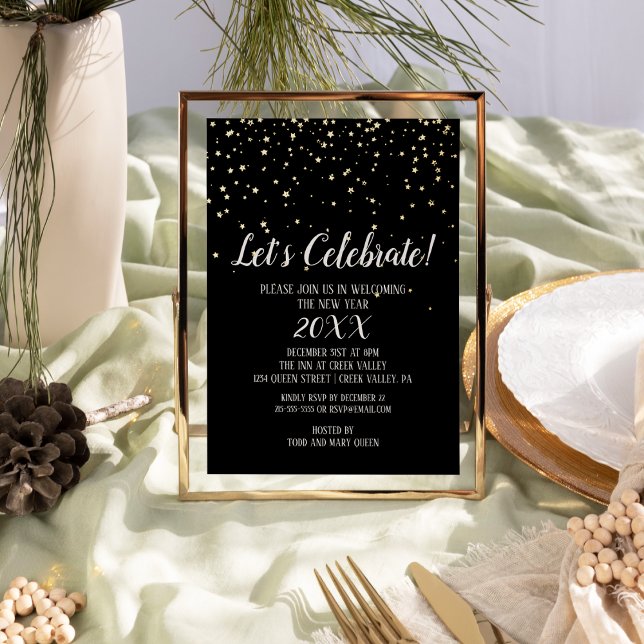Let's Celebrate Confetti on Black New Year's Gold  Foil Invitation (Creator Uploaded)