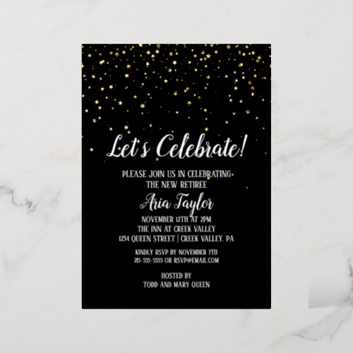 Lets Celebrate Confetti on Black Retirement Gold Foil Invitation