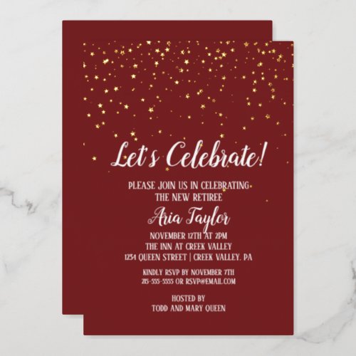 Lets Celebrate Confetti on Burgundy Party Gold Foil Invitation