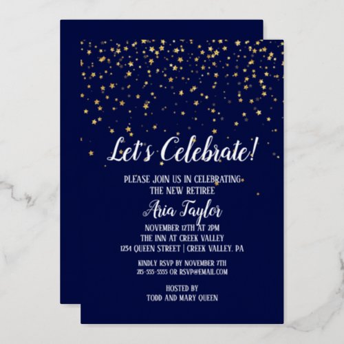 Lets Celebrate Confetti on Navy Blue Party Gold Foil Invitation