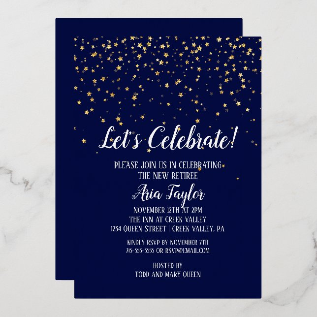 Let's Celebrate Confetti on Navy Blue Party Gold Foil Invitation (Front/Back)