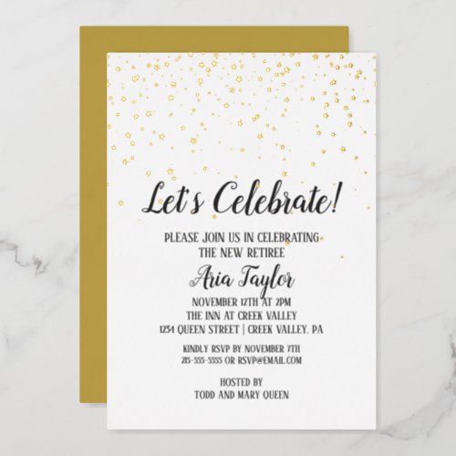 Lets Celebrate Confetti Retirement Party Gold Foil Invitation