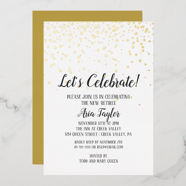 Let's Celebrate Confetti Retirement Party Gold Foil Invitation (Front/Back)