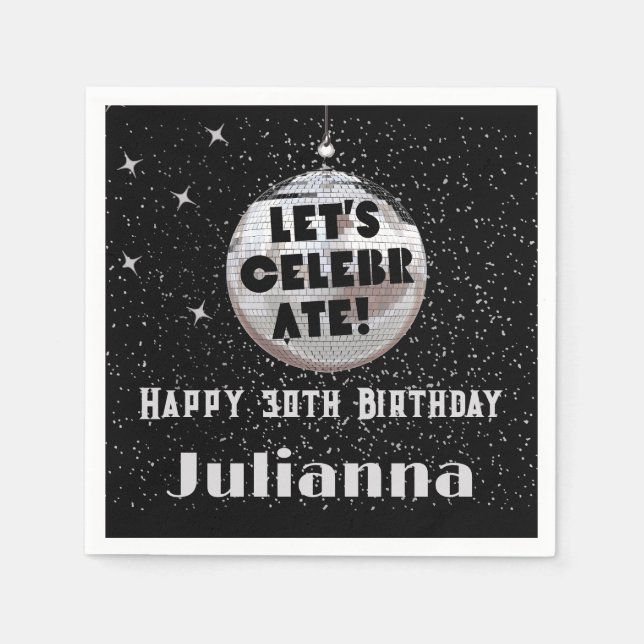 Let's Celebrate Disco Ball Black Birthday Napkins (Front)