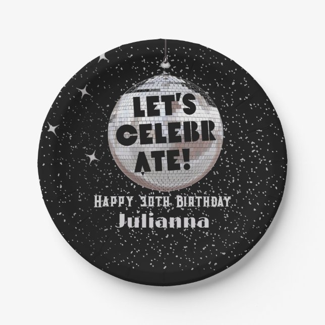 Let's Celebrate Disco Ball Black Birthday Paper Plates (Front)