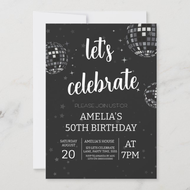 Let's Celebrate Disco Themed Black and White Invitation (Front)