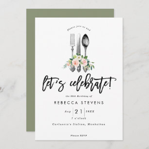 let's celebrate floral cutlery birthday party invitation