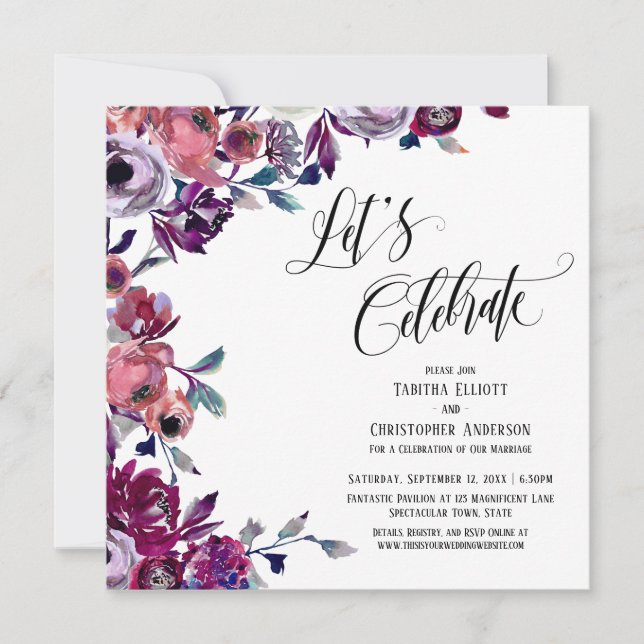 Let's Celebrate Flourishing Script Bold Flowers Invitation (Front)