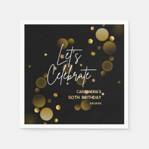 Let's Celebrate Gold Bokeh Gradient Black Birthday Napkins