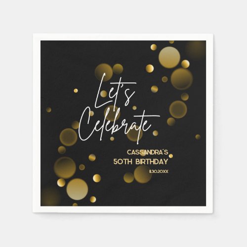 Lets Celebrate Gold Bokeh Gradient Black Birthday Napkins