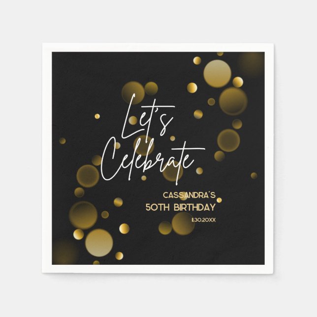 Let's Celebrate Gold Bokeh Gradient Black Birthday Napkins (Front)