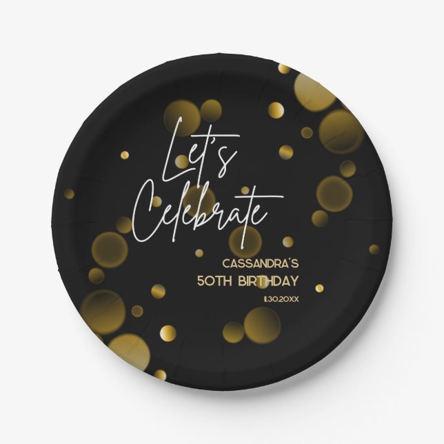 Let's Celebrate Gold Bokeh Gradient Black Birthday Paper Plates (Front)
