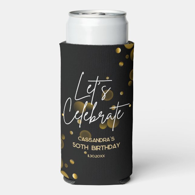 Let's Celebrate Gold Bokeh Gradient Black Birthday Seltzer Can Cooler (Seltzer Back)