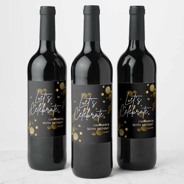 Let's Celebrate Gold Bokeh Gradient Black Birthday Wine Label (Bottles)