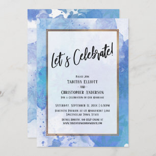 Let's Celebrate Gold Border Abstract Blue Splash Invitation