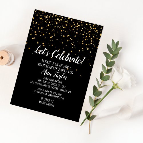 Lets Celebrate Gold Confetti on Black Bachelorette Invitation
