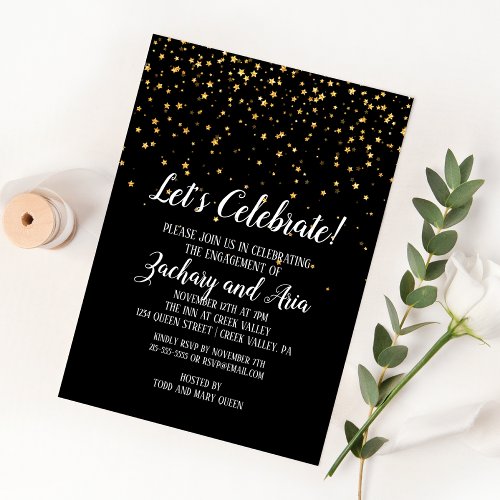 Lets Celebrate Gold Confetti on Black Engagement Invitation