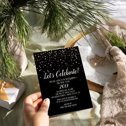 Lets Celebrate Gold Confetti on Black New Years Invitation