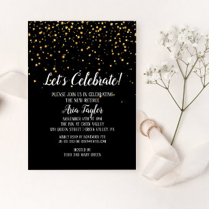 Let's Celebrate Gold Confetti on Black Retirement Invitation