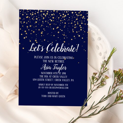 Lets Celebrate Gold Confetti on Navy Blue Party Invitation