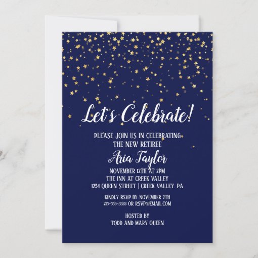 Let's Celebrate Gold Confetti on Navy Blue Party Invitation | Zazzle